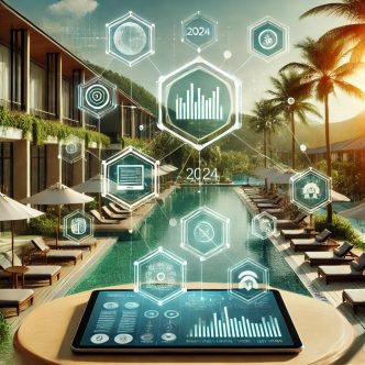 MAGNA Timeshare Software: A modern timeshare resort with a blend of technology and relaxation. The image should include a luxurious resort setting with palm trees,tiff
